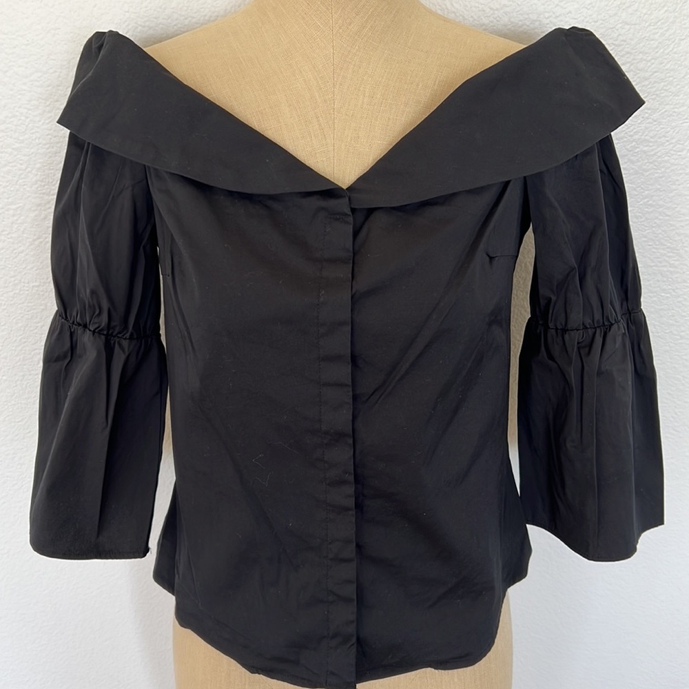Zara Off Shoulder Button Up 3/4 Sleeve Black Shirt Size M - Picture 11 of 11